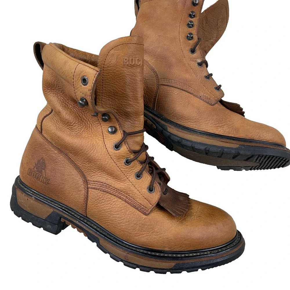 Rocky Ride Mens Boots 14 M Brown Leather Soft Toe Lace‎ Up Waterproof Work
